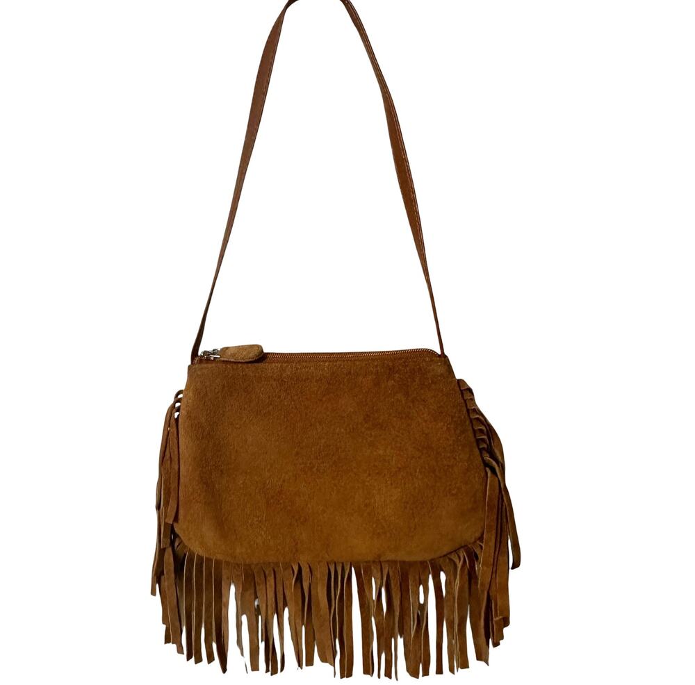 Leather Suede Fringed Shoulder Bag Caramel Brown Y2K Western Boho Small Purse